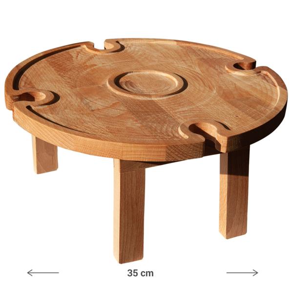 Servier- & Weinbrett mit faltbaren Füssen - Buchenholz Natur Braun Ø 35cm - Weinglashalterung für 4 Gläser & Weinflasche - lebensmittelecht
