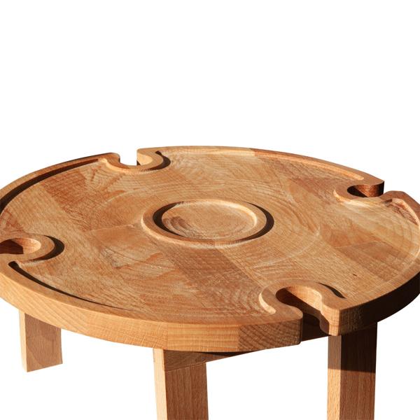 Servier- & Weinbrett mit faltbaren Füssen - Buchenholz Natur Braun Ø 35cm - Weinglashalterung für 4 Gläser & Weinflasche - lebensmittelecht