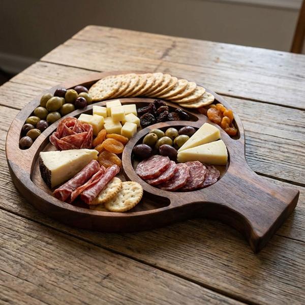 Walnut serving board with 3 compartments, fish-shaped, 39 x 29 x 16 cm