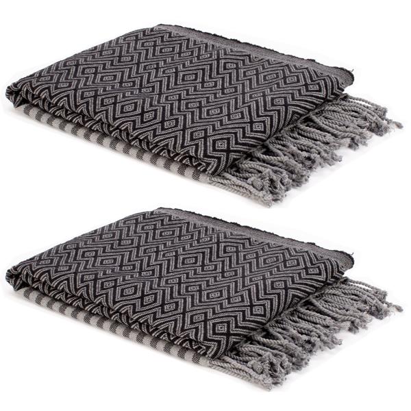 lot de 2 draps de hammam en pur coton, fait main, noir/blanc, 190 x 90 cm