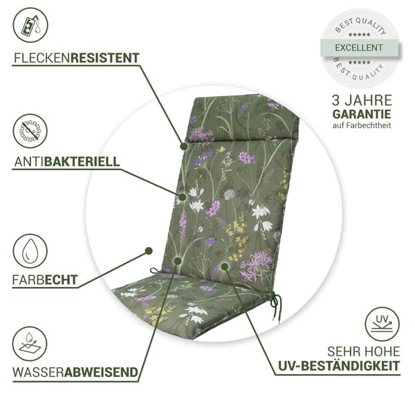 Luxuriöse Hochlehner-Auflage, Gartenstuhlkissen wasserabweisend, Blumenmuster grün, 120 x 50 cm, weich & komfortabel für optimale Entspannung