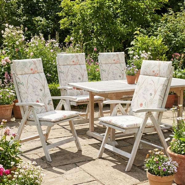 set of 4 luxurious high-back cushions, water-repellent garden chair cushions, white floral pattern, 120 x 50 cm, soft & comfortable for optimum relaxation