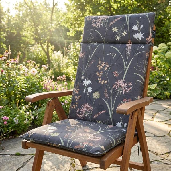 Luxurious high-back cushion, water-repellent garden chair cushion, anthracite floral pattern, 120 x 50 cm, soft & comfortable for optimum relaxation