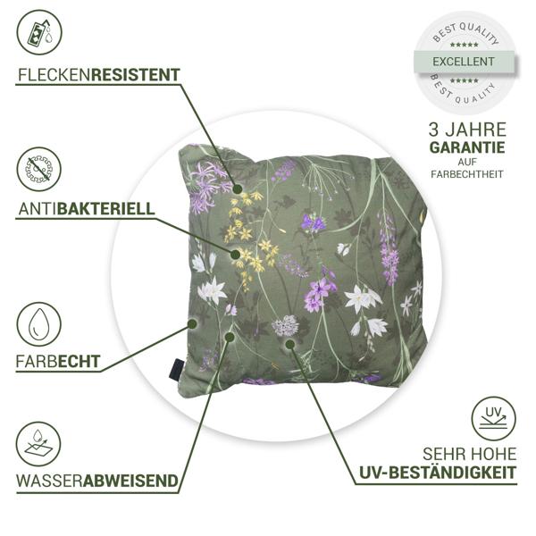 4er-Set Bequemes Deko-Kissen Outdoor, Blumenmuster grün, 50 x 50 x 10 cm, wetterfest, wasserabweisend & stilvoll für Garten, Terrasse & Balkon