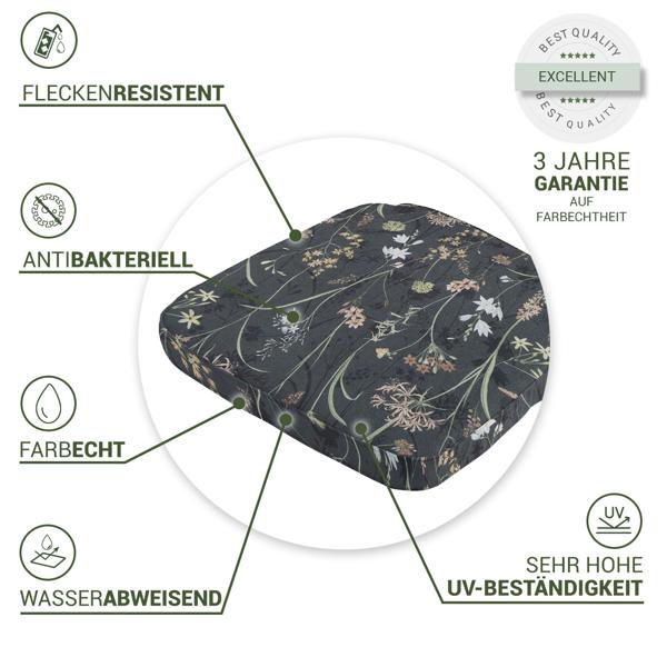 4er-Set Bequemes Stuhlkissen Outdoor, Blumenmuster anthrazit, 48 x 48 cm, wetterfestes & wasserabweisend Sitzkissen, stilvoll für Garten, Terrasse & Balkon