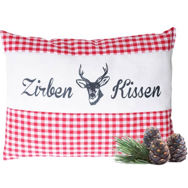 Cuscino di cirmolo Vichy rosso 26 x 19 cm, imbottito con 220 g di trucioli di cirmolo naturali, federa in cotone biologico 100%, cuscino per aromaterapia e per dormire prodotto in Germania