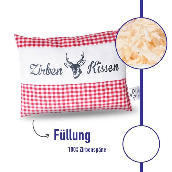 2er-Set Zirbenkissen Vichy Rot 26x19 cm, gefüllt mit 220g Natur Zirbenspäne, 100% Bio-Baumwolle Bezug, Aromatherapie Schlafkissen aus Deutschland