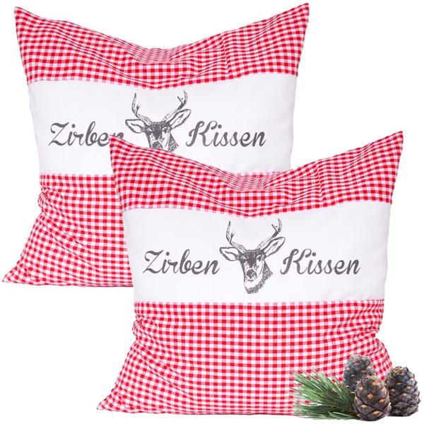 Set 2 pezzi cuscini al cirmolo Vichy rosso 30 x 30 cm, riempiti con 350 g di trucioli di cirmolo naturali, federa in cotone 100% biologico, cuscino da letto per aromaterapia dalla Germania