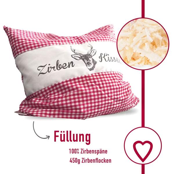 Zirbenkissen Vichy Rot 40x40 cm, gefüllt mit 450g Natur Zirbenspäne, 100% Bio-Baumwolle Bezug, Aromatherapie Schlafkissen aus Deutschland