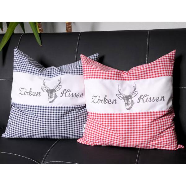 Coussin en pin cembro Vichy rouge 40 x 40 cm, garni de 450 g de copeaux de pin cembro naturels, housse 100 % coton bio, coussin de sommeil pour aromathérapie fabriqué en Allemagne