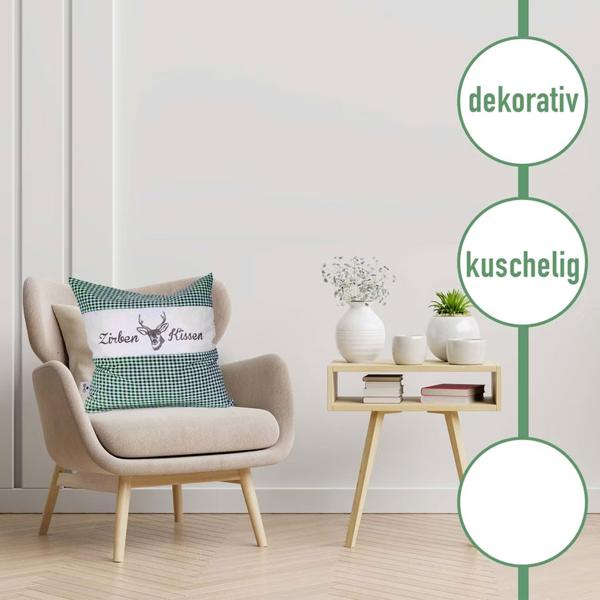 Zirbenkissen Vichy Grün 26x19 cm, gefüllt mit 220g Natur Zirbenspäne, 100% Bio-Baumwolle Bezug, Aromatherapie Schlafkissen aus Deutschland