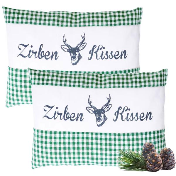 Set di 2 cuscini al cirmolo Vichy verde 26x19 cm, imbottiti con 220 g di trucioli di cirmolo naturali, federa in cotone 100% biologico, cuscino aromaterapico per il sonno prodotto in Germania