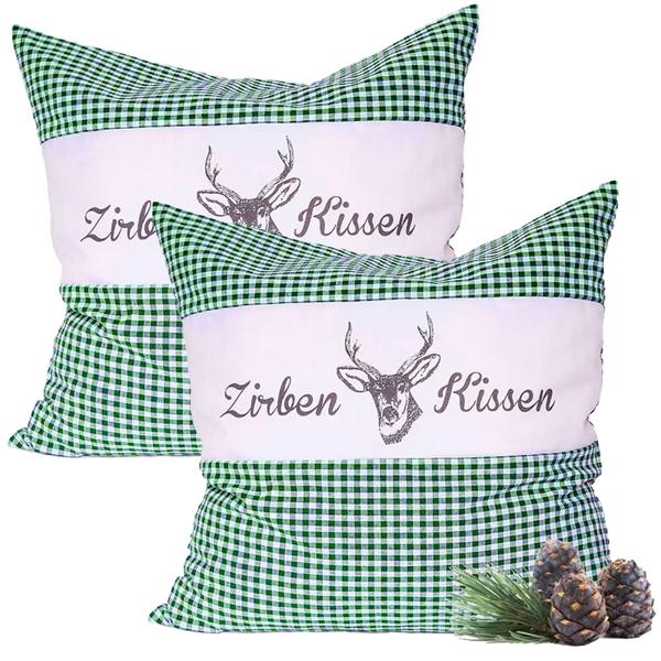 Set da 2 cuscini al cirmolo Vichy verde 30 x 30 cm, riempiti con 350 g di trucioli di cirmolo naturale, fodera in cotone biologico 100%, cuscino per aromaterapia e sonno prodotto in Germania