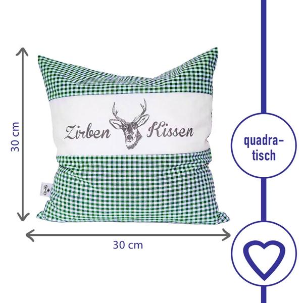 2er-Set Zirbenkissen Vichy Grün 30x30 cm, gefüllt mit 350g Natur Zirbenspäne, 100% Bio-Baumwolle Bezug, Aromatherapie Schlafkissen aus Deutschland