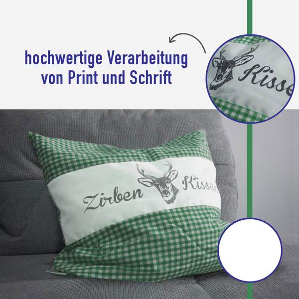 2er-Set Zirbenkissen Vichy Grün 30x30 cm, gefüllt mit 350g Natur Zirbenspäne, 100% Bio-Baumwolle Bezug, Aromatherapie Schlafkissen aus Deutschland