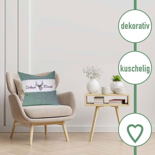 Zirbenkissen Vichy Grün 40x40 cm, gefüllt mit 450g Natur Zirbenspäne, 100% Bio-Baumwolle Bezug, Aromatherapie Schlafkissen aus Deutschland