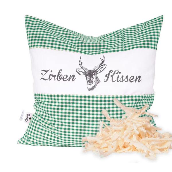 Coussin au pin cembro Vichy vert 40 x 40 cm, garni de 450 g de copeaux de pin cembro naturels, housse 100 % coton bio, coussin de sommeil pour l’aromathérapie fabriqué en Allemagne