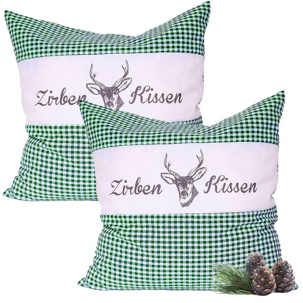 Set di 2 cuscini al pino cembro Vichy verde 40 x 40 cm, imbottiti con 450 g di trucioli di pino cembro naturali, fodera 100% cotone biologico, cuscino da letto per aromaterapia dalla Germania