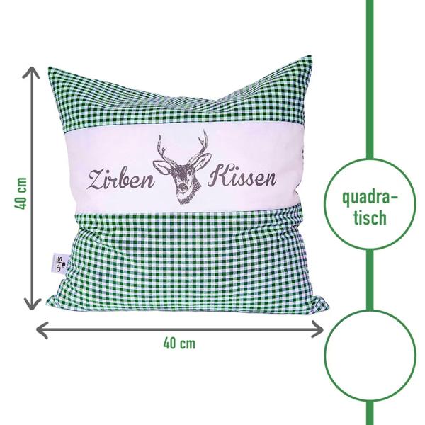 2er-Set Zirbenkissen Vichy Grün 40x40 cm, gefüllt mit 450g Natur Zirbenspäne, 100% Bio-Baumwolle Bezug, Aromatherapie Schlafkissen aus Deutschland