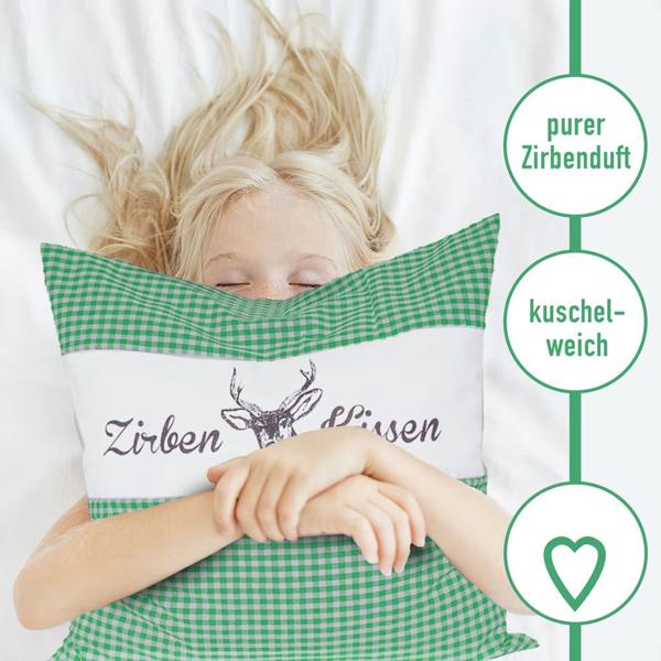 2er-Set Zirbenkissen Vichy Grün 40x40 cm, gefüllt mit 450g Natur Zirbenspäne, 100% Bio-Baumwolle Bezug, Aromatherapie Schlafkissen aus Deutschland