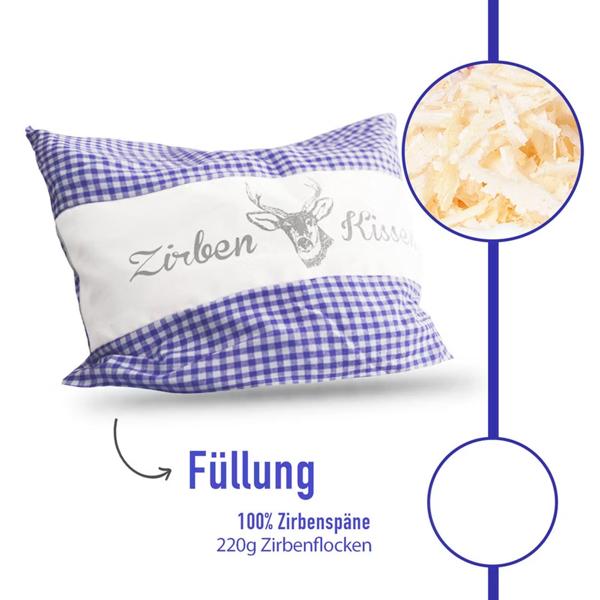 Zirbenkissen Vichy Blau 26x19 cm, gefüllt mit 220g Natur Zirbenspäne, 100% Bio-Baumwolle Bezug, Aromatherapie Schlafkissen aus Deutschland