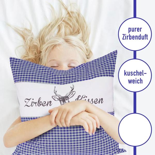 Zirbenkissen Vichy Blau 30x30 cm, gefüllt mit 350g Natur Zirbenspäne, 100% Bio-Baumwolle Bezug, Aromatherapie Schlafkissen aus Deutschland