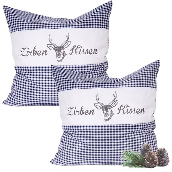 Set di 2 cuscini al pino cembro Vichy blu 30 x 30 cm, imbottiti con 350 g di trucioli naturali di pino cembro, federa in cotone biologico 100%, cuscino per dormire per aromaterapia prodotto in Germania