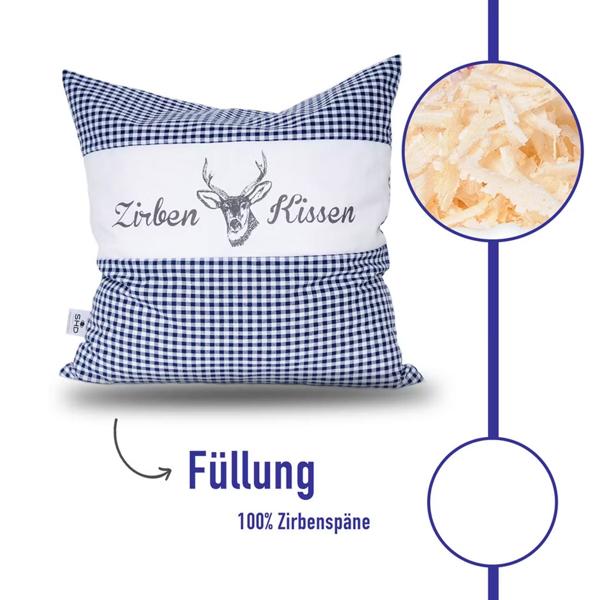 2er-Set Zirbenkissen Vichy Blau 30x30 cm, gefüllt mit 350g Natur Zirbenspäne, 100% Bio-Baumwolle Bezug, Aromatherapie Schlafkissen aus Deutschland