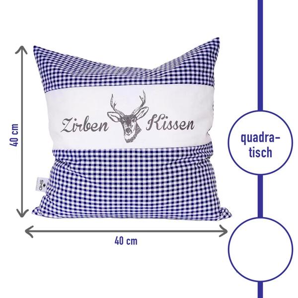 Zirbenkissen Vichy Blau 40x40 cm, gefüllt mit 450g Natur Zirbenspäne, 100% Bio-Baumwolle Bezug, Aromatherapie Schlafkissen aus Deutschland