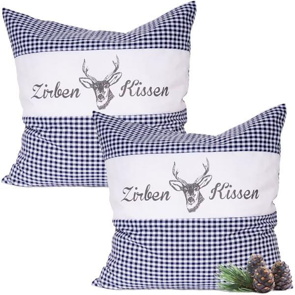 Set di 2 cuscini al cirmolo Vichy blu 40 x 40 cm, imbottiti con 450 g di trucioli di cirmolo naturali, fodera in cotone biologico 100%, cuscino aromaterapico per il sonno prodotto in Germania