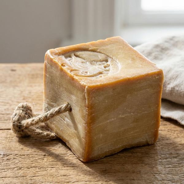 Authentic Aleppo Soap 100 g with Cord, Laurel Oil 3%: Natural soap handmade in Syria for sensitive skin, vegan body care & hair washing
