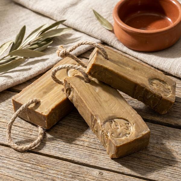 Set of 3 authentic Aleppo soaps 200 g with cord, laurel oil 3%: natural soap handcrafted in Syria for sensitive skin, vegan care & hair washing