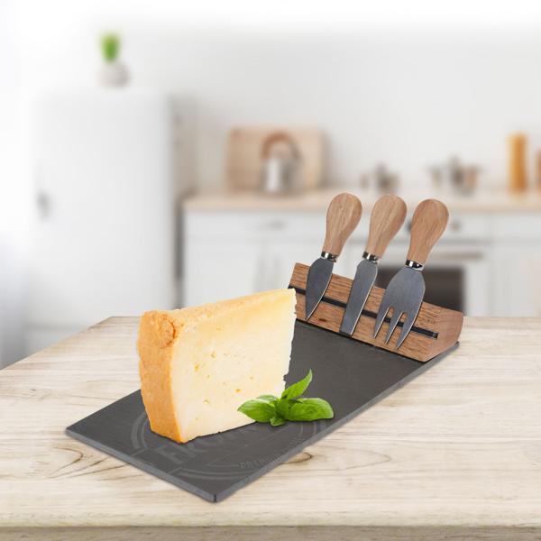 Schiefer Käsebrett Set mit integrierter Halterung für Käsebesteck - Edle Servierplatte aus Schieferstein für Käse, Snacks & Tapas