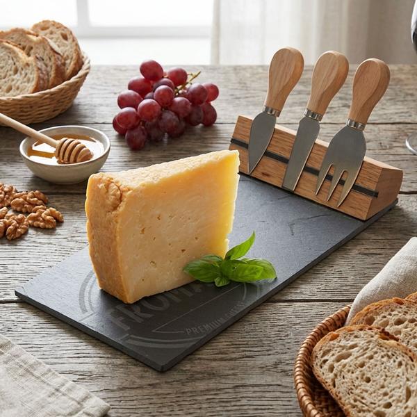 Schiefer Käsebrett Set mit integrierter Halterung für Käsebesteck - Edle Servierplatte aus Schieferstein für Käse, Snacks & Tapas