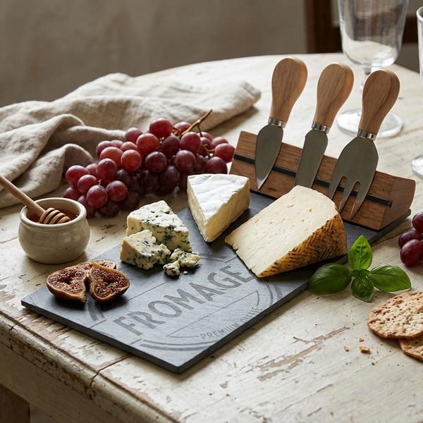 Schiefer Käsebrett Set mit integrierter Halterung für Käsebesteck - Edle Servierplatte aus Schieferstein für Käse, Snacks & Tapas