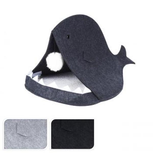 Cat lounge made of felt and fabric, in a shark design, with pom-pom, 60 x 40 x 38 cm, black