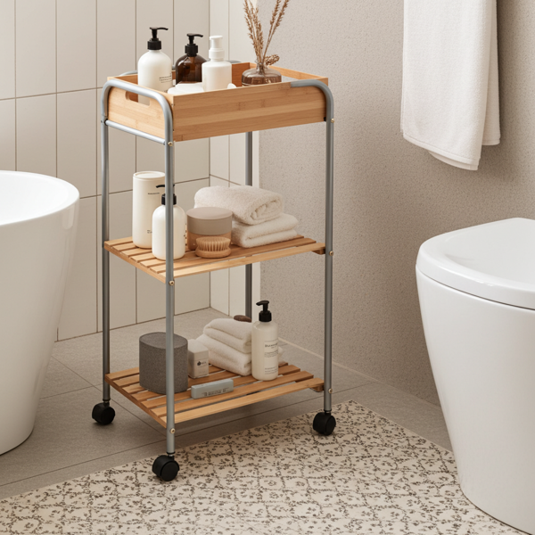 Chariot de salle de bain bambou & métal - 3 niveaux sur roulettes, caisse amovible - Rangement optimal 30x40x81cm - Pour routine bain