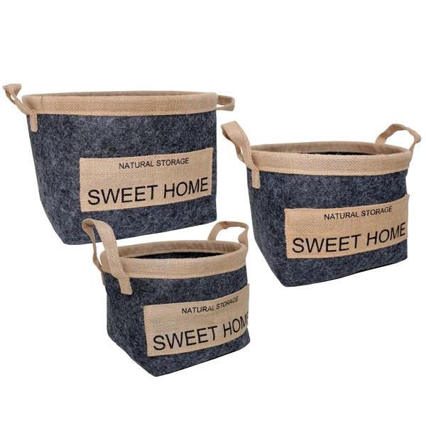 3 round baskets, 3 sizes, wool felt, jute, metal, gray, brown, black