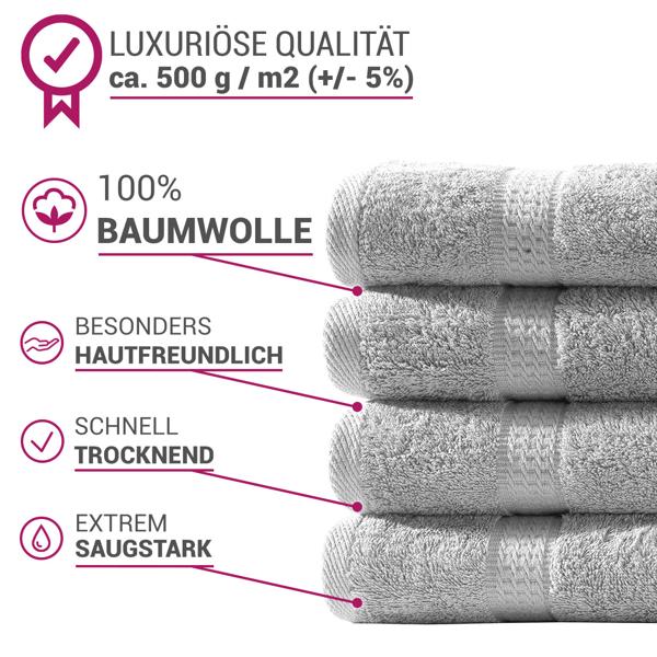 Lot de 4 serviettes invités, 100% coton luxe, liteaux, argenté, 30 x 50 cm