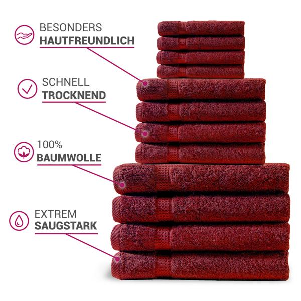 Lot de 4 serviettes invités, 100% coton luxe, liteaux, bordeaux, 30 x 50 cm