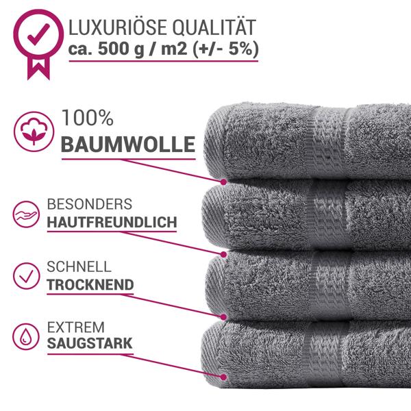 4er-Set Handtücher 50x100cm aus 100% luxuriöser Baumwolle - Kuschelweich, saugstark & schnelltrocknend - Anthrazit mit 2 Bordüren - waschbar bis 60°