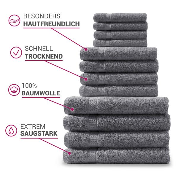 4er-Set Handtücher 50x100cm aus 100% luxuriöser Baumwolle - Kuschelweich, saugstark & schnelltrocknend - Anthrazit mit 2 Bordüren - waschbar bis 60°