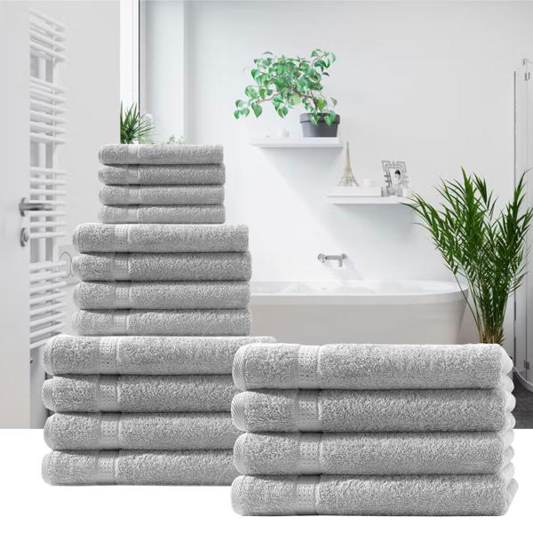 Lot de 4 serviettes de bain, 100% coton luxe, liteaux, argent, 50 x 100 cm