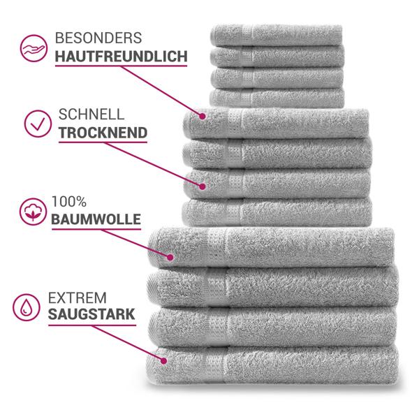 Lot de 4 serviettes de bain, 100% coton luxe, liteaux, argent, 50 x 100 cm