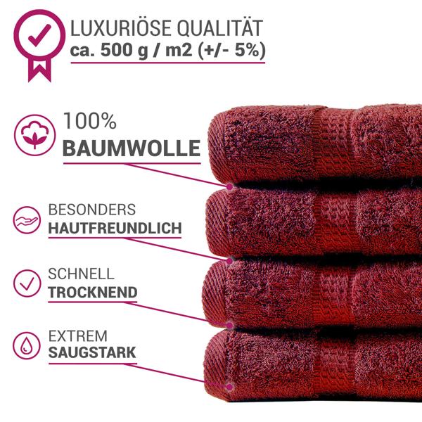 Lot de 4 serviettes de bain, 100% coton luxe, liteaux, bordeaux, 50 x 100 cm