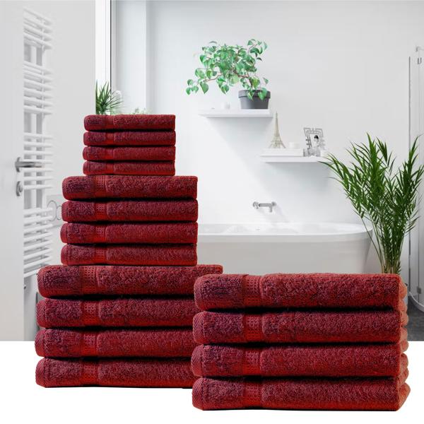 Lot de 4 serviettes de bain, 100% coton luxe, liteaux, bordeaux, 50 x 100 cm