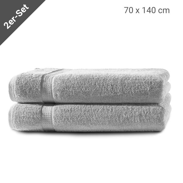 lot de 2 draps de douche, 100% coton luxueux, avec 2 bordures, argent, 70 x 140 cm