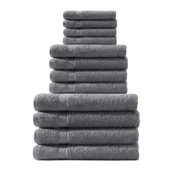 Lot de 12 serviettes: 4 serviettes de bain, d’invités et draps de douche, 100% coton, anthracite