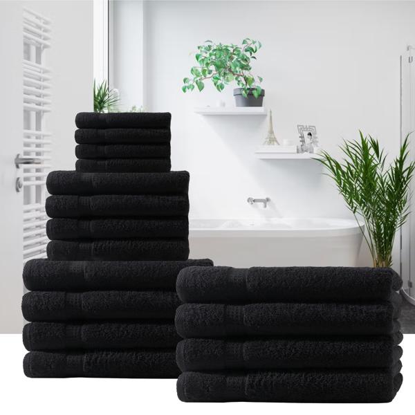 lot de 4 serviettes invitées, 30 x 50 cm, 100% coton luxueux, avec 2 bordures, noir
