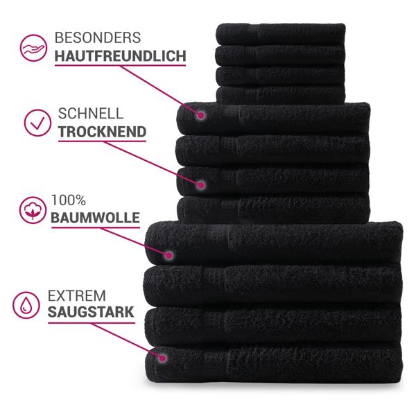 lot de 4 serviettes, 50 x 100 cm, 100% coton luxueux, avec 2 bordures, noir